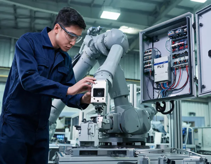 Automation engineer integrating photoelectric scanners on a robot cell