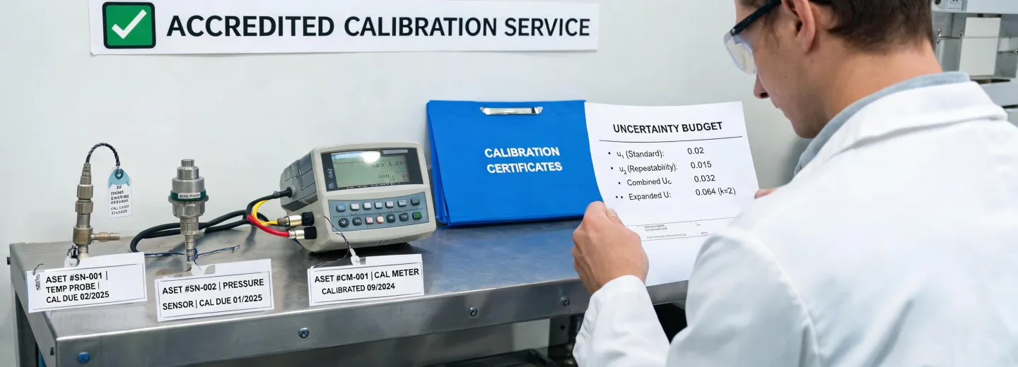Calibration service bench with sensors and certificates